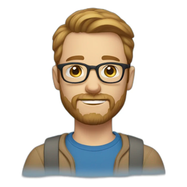 man with short light brown hair, beard and mustache and glasses, blue eyes, blue t-shirt with hands sticker