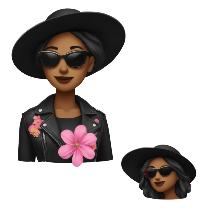  woman wearing a black hat adorned with decorative flowers. She is also wearing black sunglasses and a shiny pink jacket over a black top. She appears in a side profile pose with black hear , her head slightly tilted back. White skin sticker