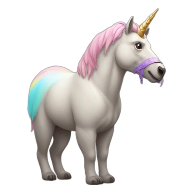 a bear with horse body wearing a unicorn horn sticker
