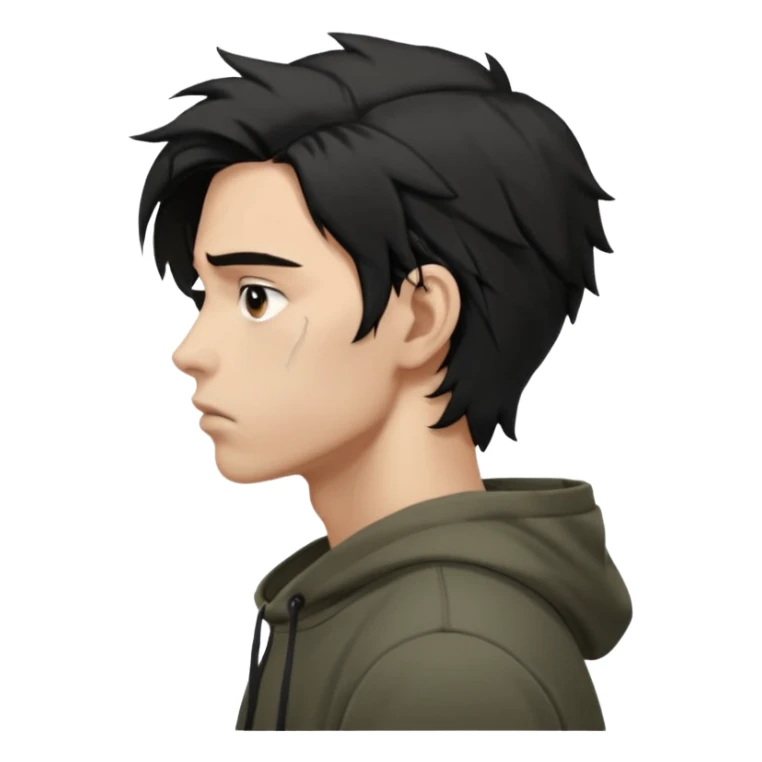 A dark anime-style illustration of a young man in side profile, facing left, with messy black hair tied loosely, sharp jawline and tired eyes. He wears an oversized dark hoodie with muted earthy tones. His expression is calm but emotionally heavy, showing silent pain and inner conflict.

 sticker