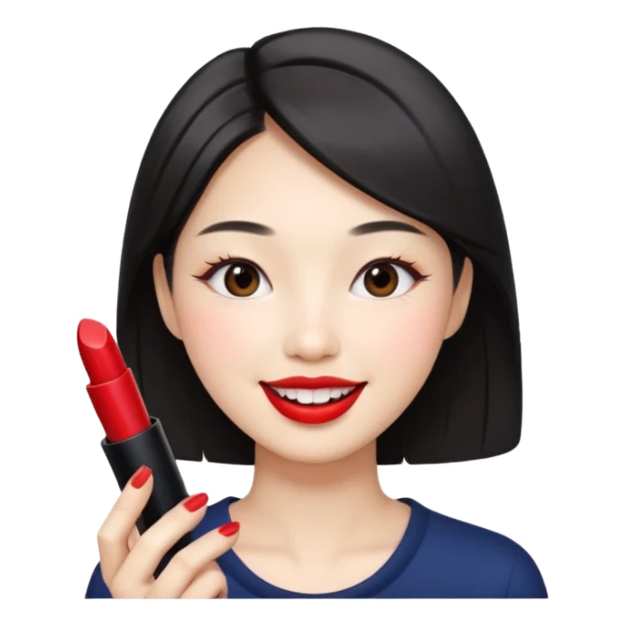 Korean woman applying lipstick, smiling face sticker