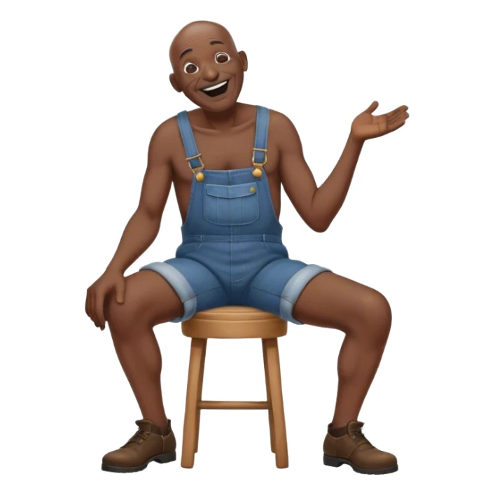 Side view Laughing telling story Old bald blind black man sitting on stool wearing overalls no shirt sticker