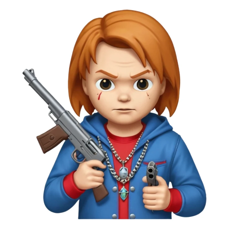 Chuky con pistola encapuchado y con collares sticker