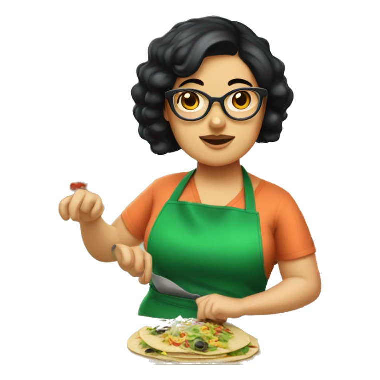 chubby lady with black hair green apron  with glasses cooking tacos sticker