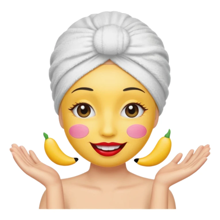 classic yellow smiley emoji face with big smile, eyelashes, blush on cheeks, wearing a white towel turban, lipstick floating next to the face sticker