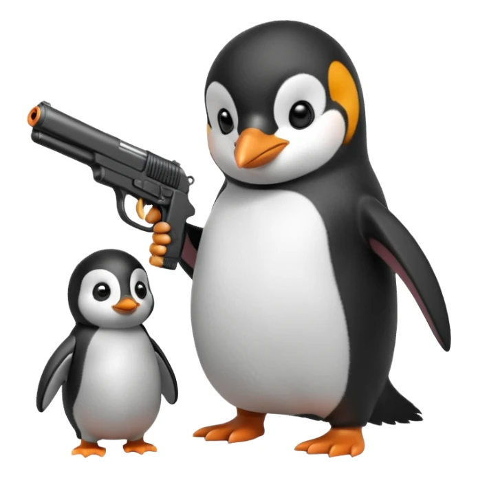 Penguin holding a gun and shooting a baby penguin sticker