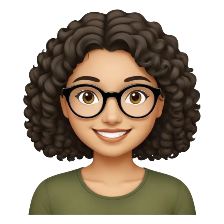 Young Latina woman with light tan skin. Round friendly face with dimples when smiling. Dark brown eyes behind black-framed glasses. Thick arched eyebrows. Shoulder-length curly voluminous hair. Big smile. Wearing an olive green top. sticker