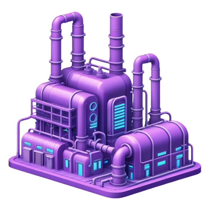 AI-powered factory. It should be a building with pipes. Add light violet neon glowing symbolizing power of AI sticker