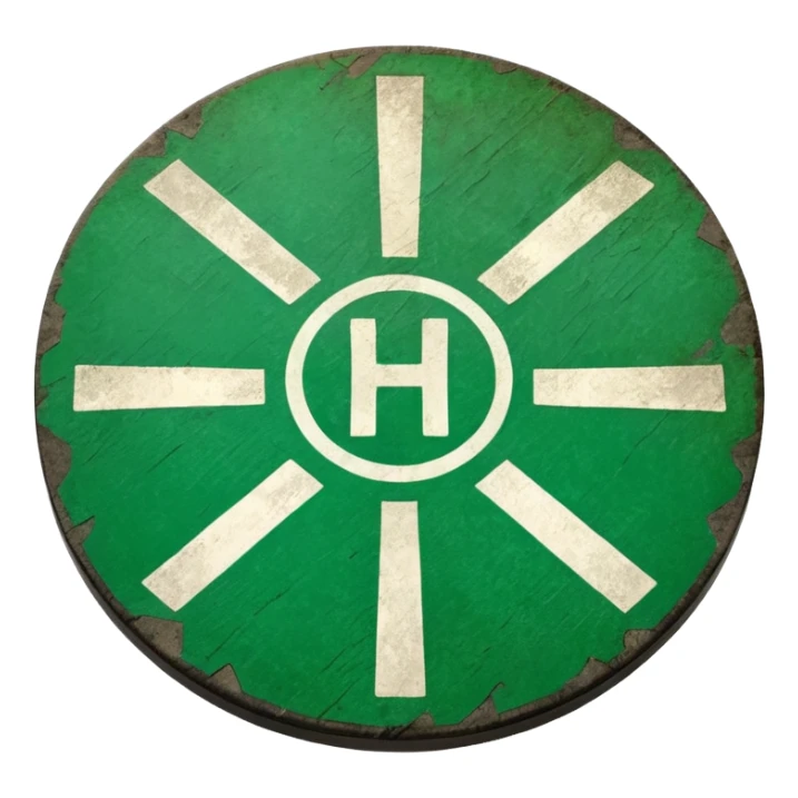 a helipad with a green surface and an H in the center sticker