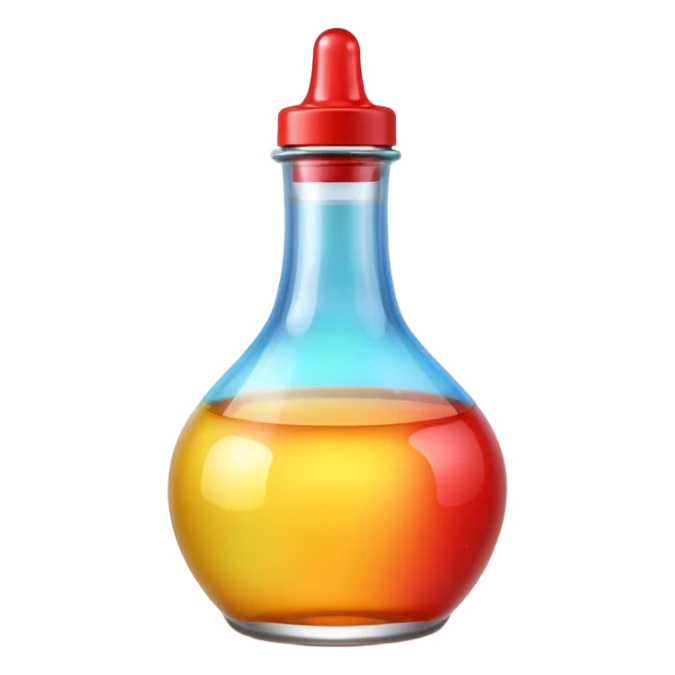 A 3D Apple-style beverage bottle emoji, transparent glass filled with colorful liquid (like soda or juice), shiny surface with light reflections, simple round body with a narrow neck and cap, clean minimal background. sticker