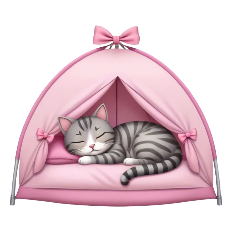Grey tabby sleeping on a light pink tent with a bow on it sticker