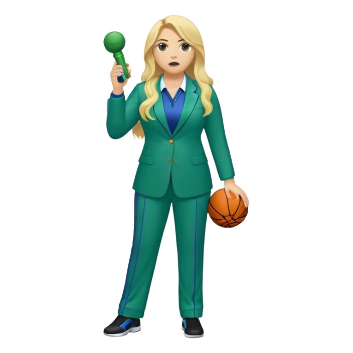 Full Body white plus size female basketball head coach with whistle with long blonde hair in a blue and green suit sticker