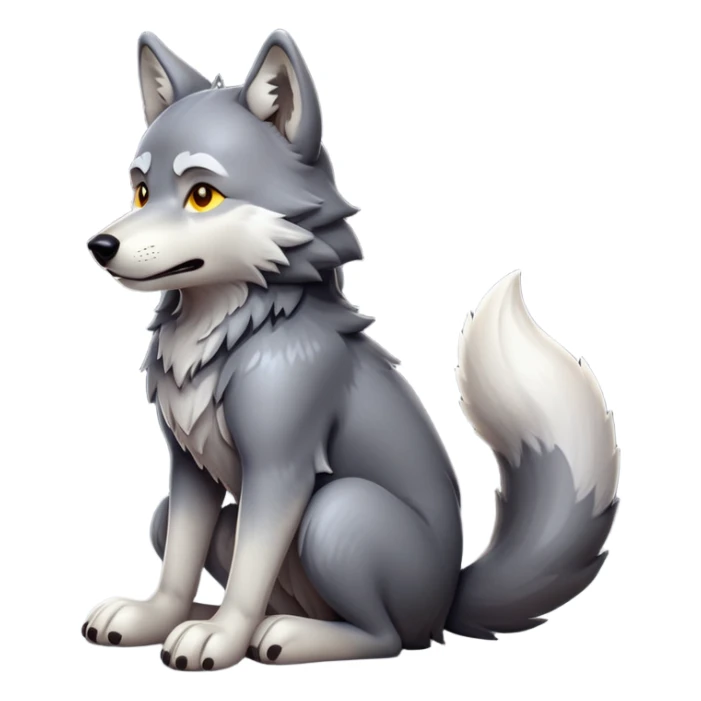 cinematic-[wolf]-realistic-full-body-sitting-emoji,-tail-resting-loosely-beside-its-paws,-head-tilted-dramatically, -scruffy-[grey]-fur,-simplified-yet-realistic-focused-features,-highly-detailed,-glowing-with-an-almost-sarcastic-glow sticker