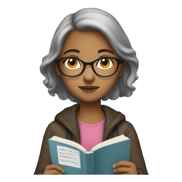 girl reading book, black eyes, Hispanic, grayish hair, wearing classes  sticker
