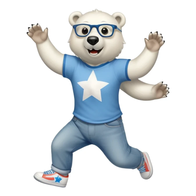 friendly anthropomorphised polar bear jumping and looking excited, wearing a shirt, jeans, trainers, star-shaped glasses sticker