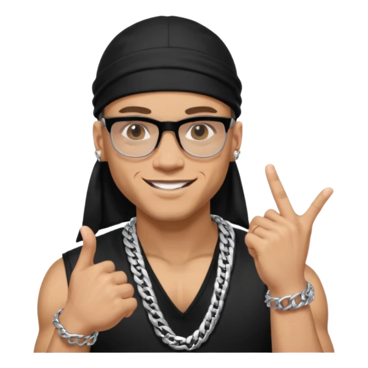 lightskin man with a black durag,a cuban link chain,glasses, and smiling flexing grills with crossed arms but with one arm up and pinky finger touching grills  sticker