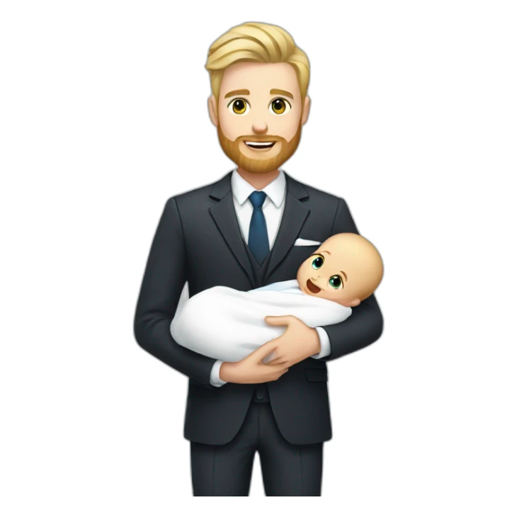 sharp dressed white man with blonde hair and a beard holding a newborn baby boy sticker