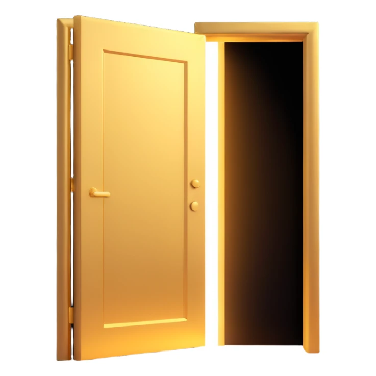 3D emoji style, very dark scene with a golden door slightly open. An extremely strong, wide, and bright white light beam and glow pour through the crack. Cinematic and dramatic atmosphere with a clearly visible light shaft. No background. sticker