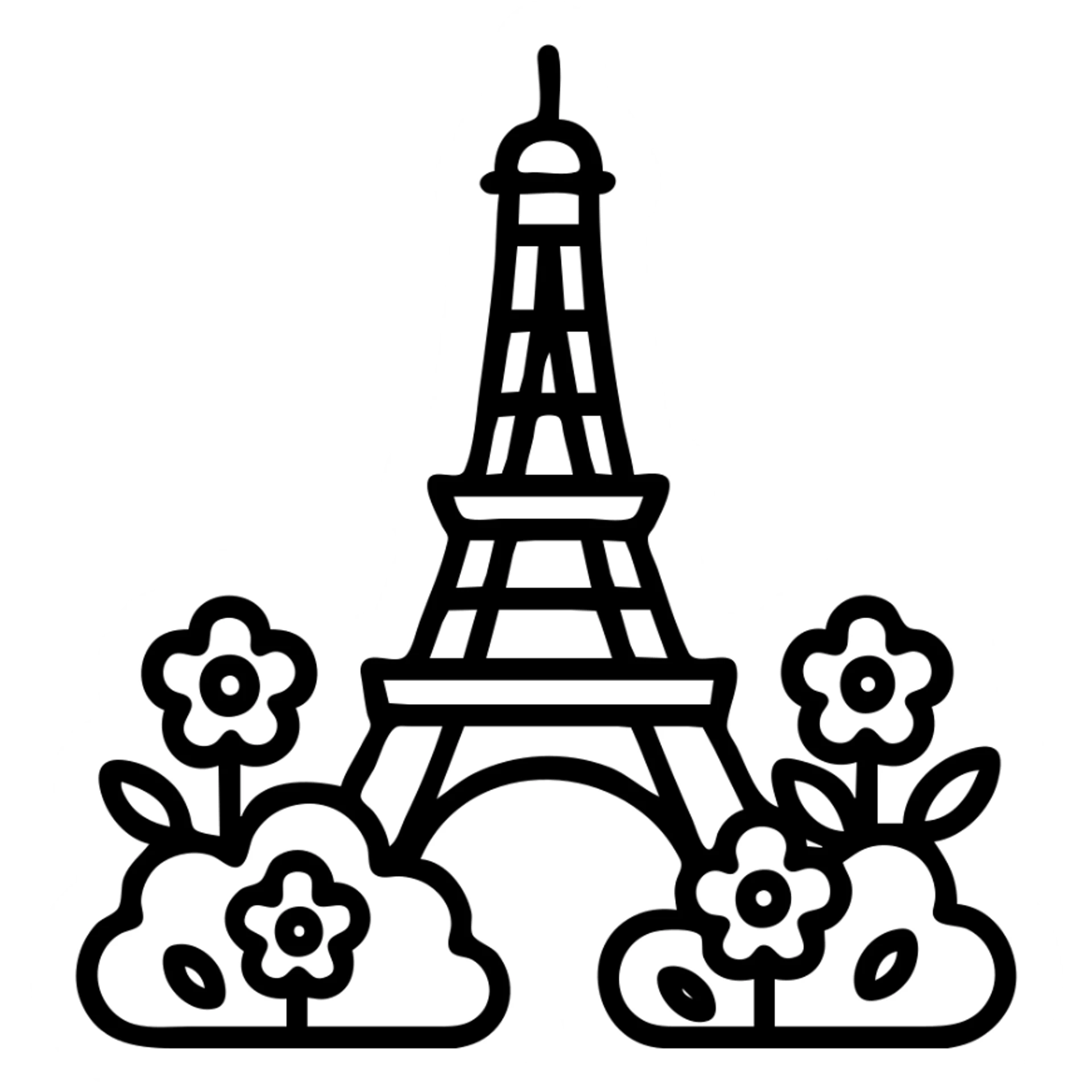 clean outlined icon style of the Eiffel Tower surrounded by bushes with pink and yellow flowers sticker