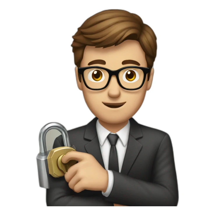 brown-haired classy man wearing glasses struggling to fit a key into a lock sticker