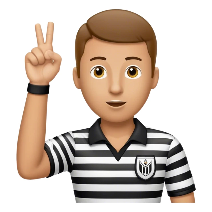 Create a soccer referee that's raising one hand upwards and the other hand is down, and put a whistle in his mouth sticker