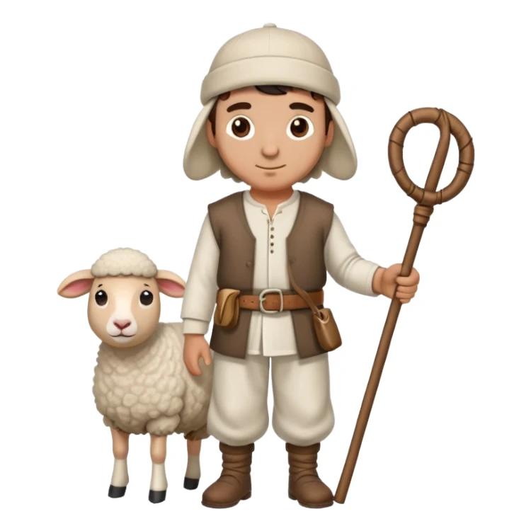 A Turkish shepherd wearing a white felt kepenek, loose shalwar pants, a cloth belt, and a wool cap, holding a wooden staff beside a sheep sticker