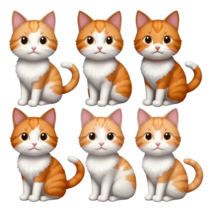 6 cats with different coloured coats, 2 are grey and white, 1 is grey with a little white, 1 calico, 1 brown tabby and white and one ginger and white sticker