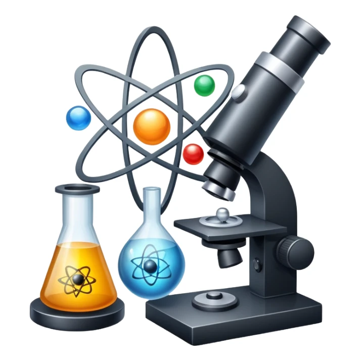 An icon featuring an atom, a microscope, and a set of physics formulas, symbolizing the study of physics. The design includes a pendulum, a magnet, and a light wave, representing energy, forces, and matter. Transparent background highlights scientific exploration and physical phenomena. sticker