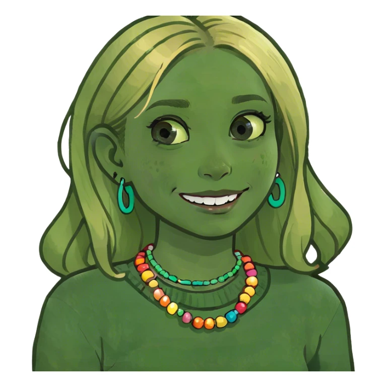 Girl with blond highlights and freckles smiling with braces sticker