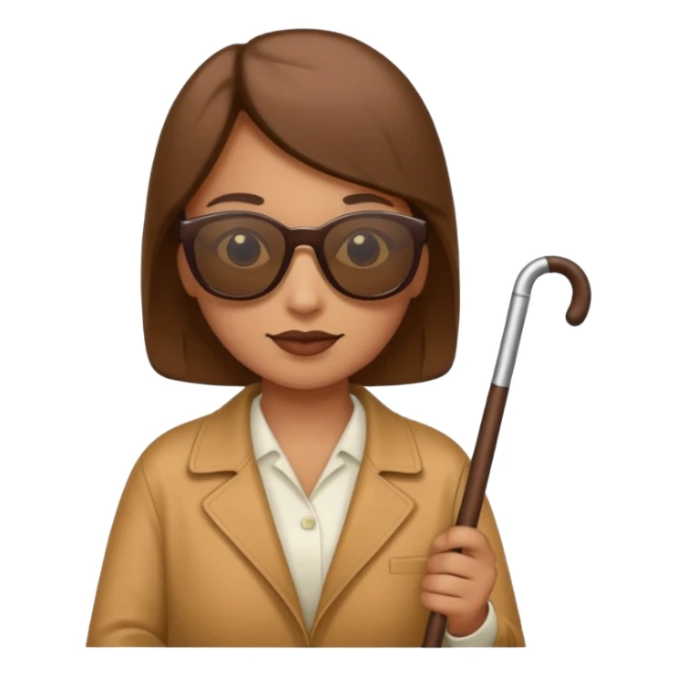 A blind person wearing sunglasses and holding a guide cane sticker