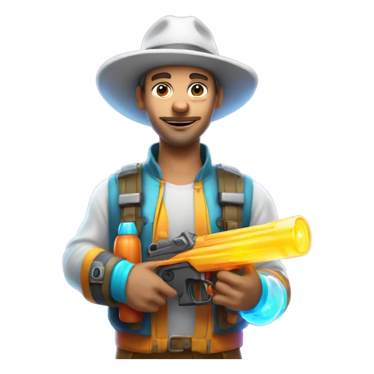 Caucasian man in glowing outfit and hat with bubble guns in each hand sticker