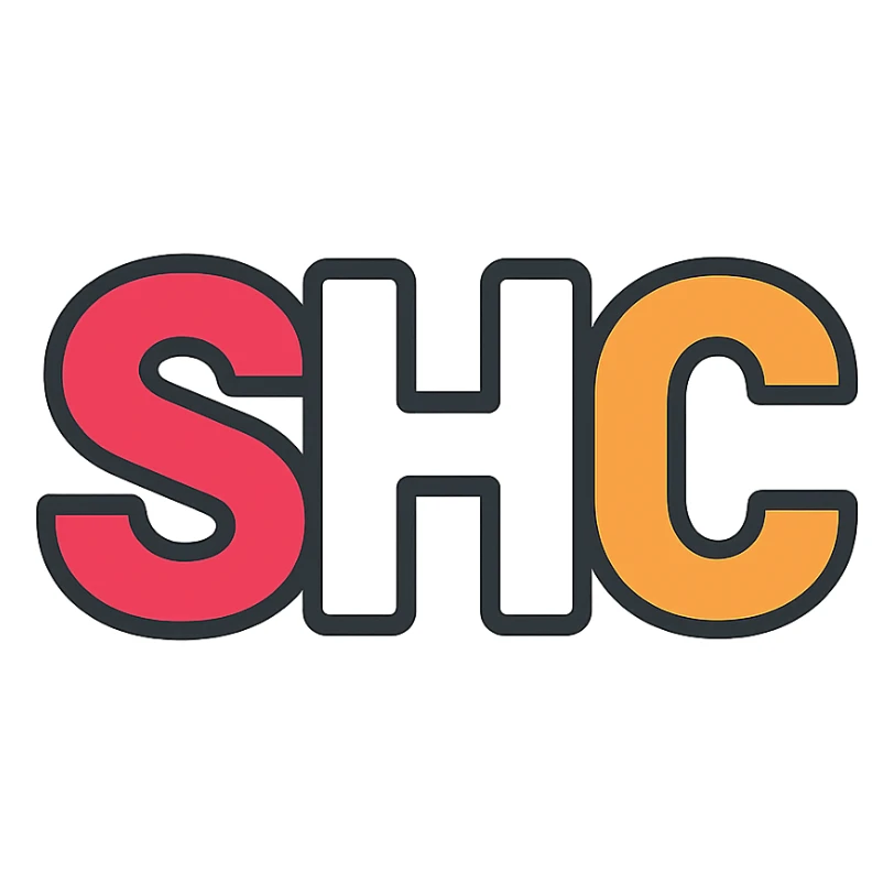 bold sans-serif font letters SHC with S in red, H in white, C in orange sticker