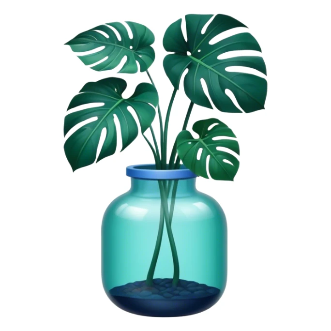 Aesthetic monstera flower in deep bottle green color in a beautiful blue pot sticker
