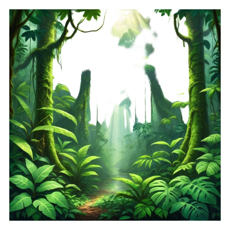 Cinematic Realistic Rainforest Emoji, Lush and vibrant, filled with towering trees, thick vines, and dense green foliage, sunlight filtering through the canopy above, creating dappled patches of light on the rich, diverse undergrowth. The air is heavy with moisture, with mist rising from the forest floor and distant calls of exotic birds and animals echoing through the trees. Soft glowing outline, capturing the essence of a thriving, untamed tropical paradise filled with life! sticker