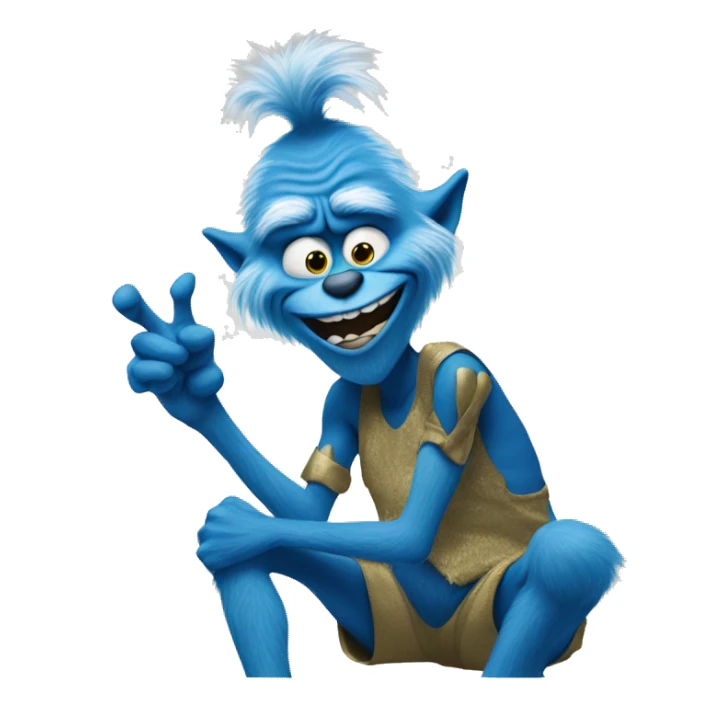 A blue grinch pointing at his knee sticker
