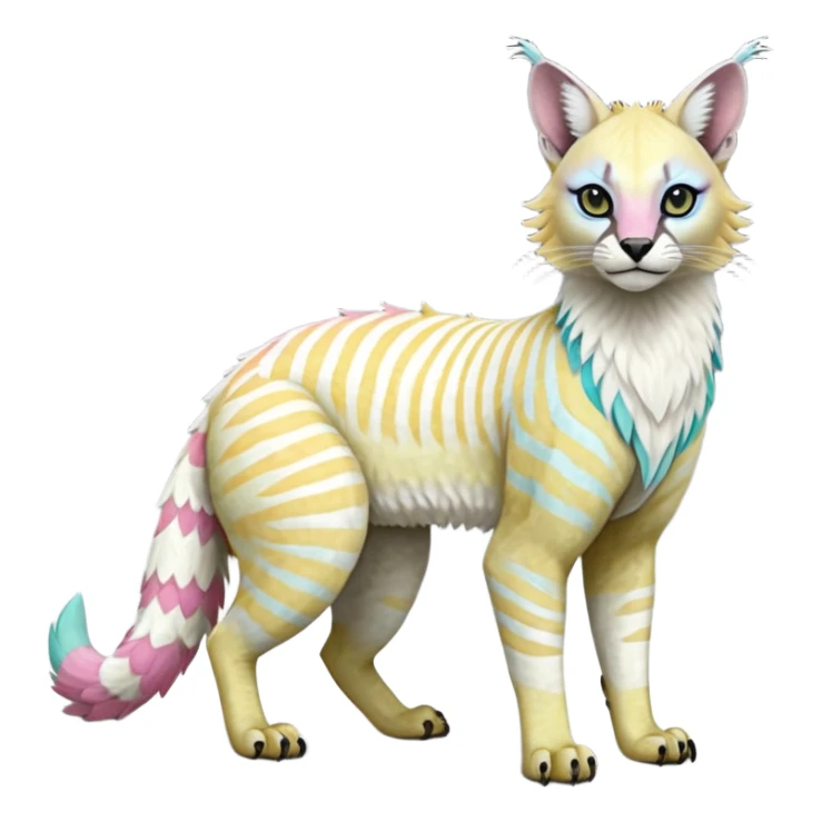 Realistic Colorful tropical tribal pale light fruity pastel white glorious iridescent exotic albino neon vibrant zigzagged fantasy-caracal-civet-genet-sergal-vernid-Gryphon-Cacomistle-Trico-oncilla-animal-Fakémon-hybrid-fursona (full body), facial markings, (realism style) sticker