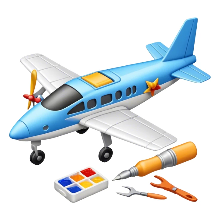 photorealistic icon featuring model-building tools like glue, paint, paintbrushes, pieces of a plastic model airplane in the process of being assembled. The design includes detailed textures of the model pieces and tools, capturing the focus and creativity of model building. Transparent background. sticker