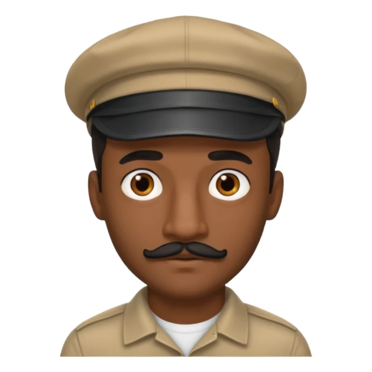 A dark-skinned man with a cap, brown eyes, and a thin black mustache. sticker