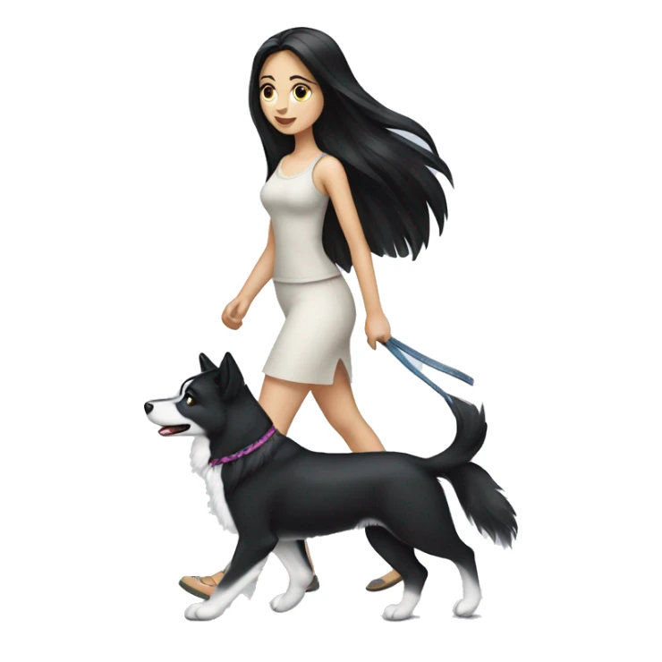 Long black hair pale girl walking husky dog sticker