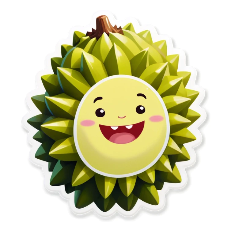A cute and smiling durian fruit with a whimsical and friendly expression. The durian’s spiky green shell is slightly open, revealing its soft yellow flesh inside. The design is cartoon-like, colorful, and cheerful, set against a light background. The focus is on making the durian look adorable and inviting, with rounded features and a playful vibe. sticker