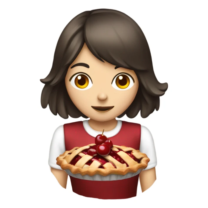 Girl brunette with fringe eating a cherry pie sticker