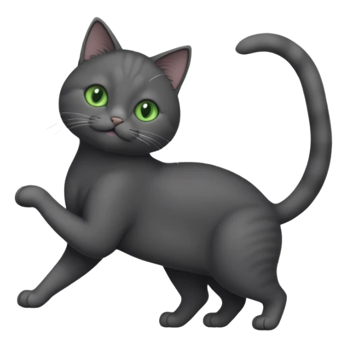 full body gorgeous solid dark grey cat with green eyes, white paws and white whiskers stretching sticker