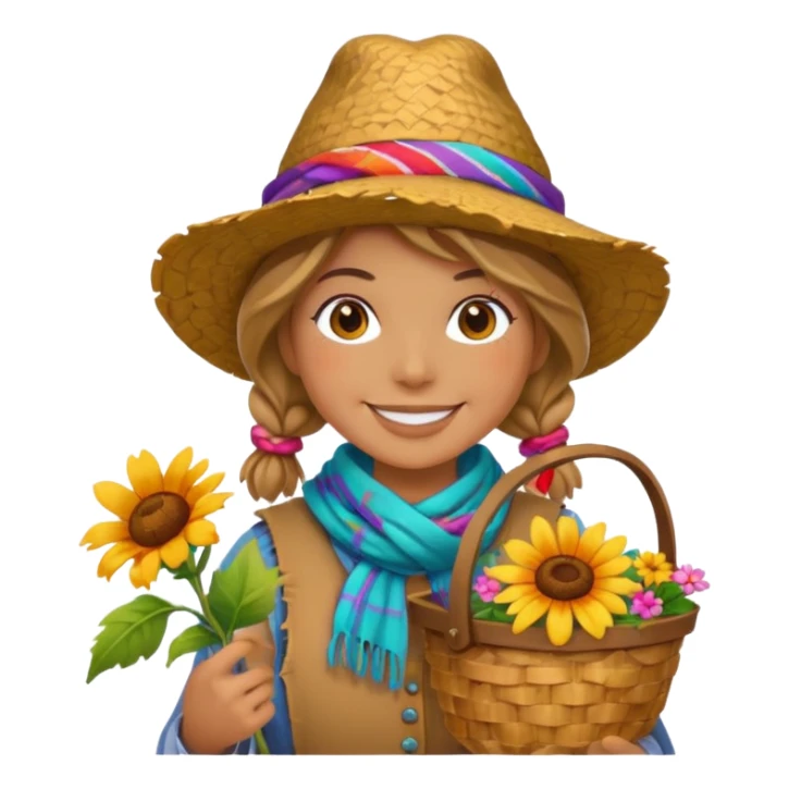 Scarecrow, Smiling face, colorful scarf, flower hat, holding a small basket. sticker