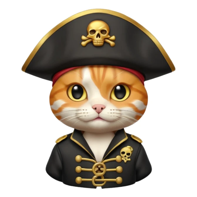 Premium 3D emoji icon of a cute ginger cat pirate, wearing a **pristine white** satin pirate hat with a gold skull icon, and a black and gold captain's jacket. Glossy finish, claymorphism style, soft studio lighting, isolated on white background, 8k resolution, stylized professional look --v 6.0 sticker