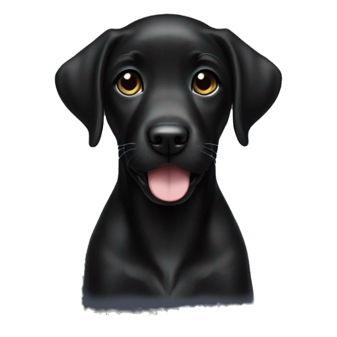 happy black labrador female puppy with small white chest sticker