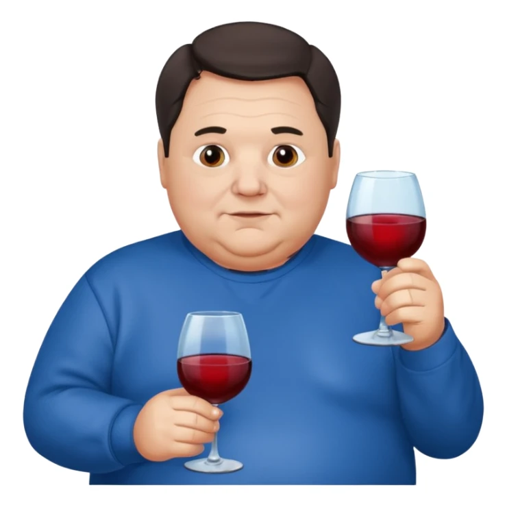 Older obese man dark hair blue sweatshirt holding wine sticker