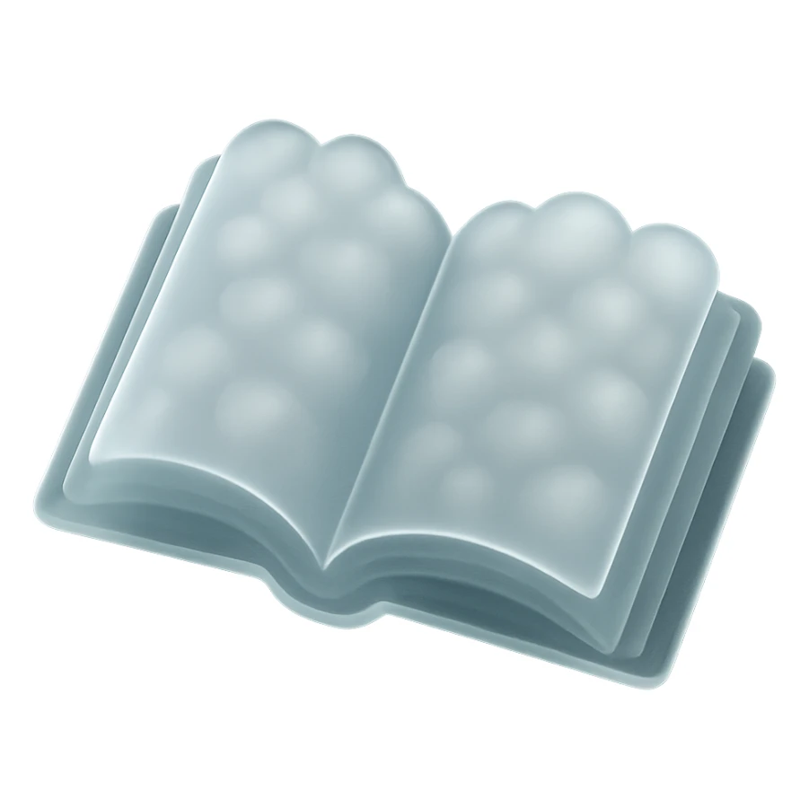 thick open book made of small very bright white fluffy convex clouds, matte glass style sticker