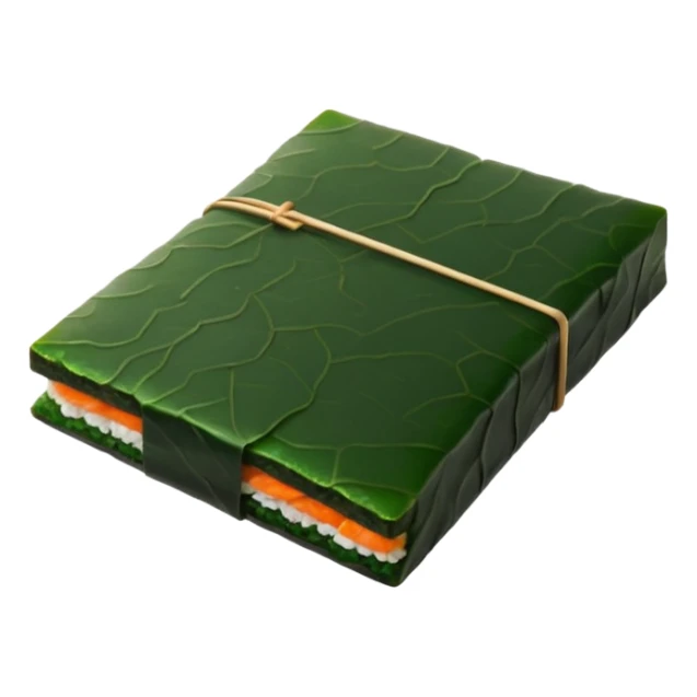 realistic sheet of nori, rectangular, deep green, uneven edges, papery texture, thin, crisp, slightly glossy, no packaging, no sushi, no faces, clean 3D, soft lighting, transparent background, emoji scale sticker