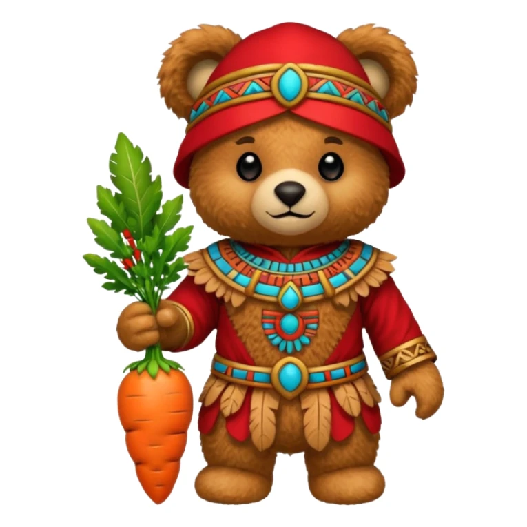 teddy bear, wearing red mayan ancient custome, with carrot half body sticker