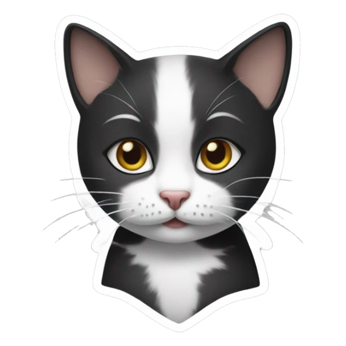 Create a sticker for a little black and white cat, she has white cheeks and a white stripe on her forehead sticker